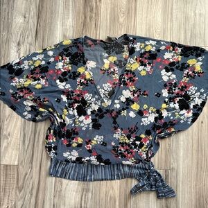 Floral Wrap Top - Blue, Black, Yellow